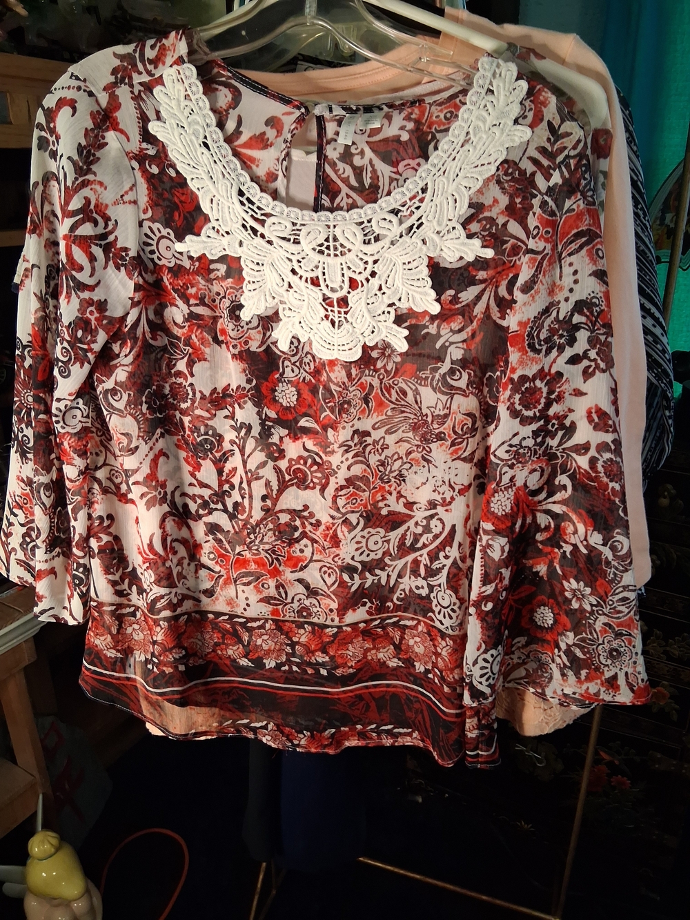 Cato Red and White Floral Lace-Trim Blouse